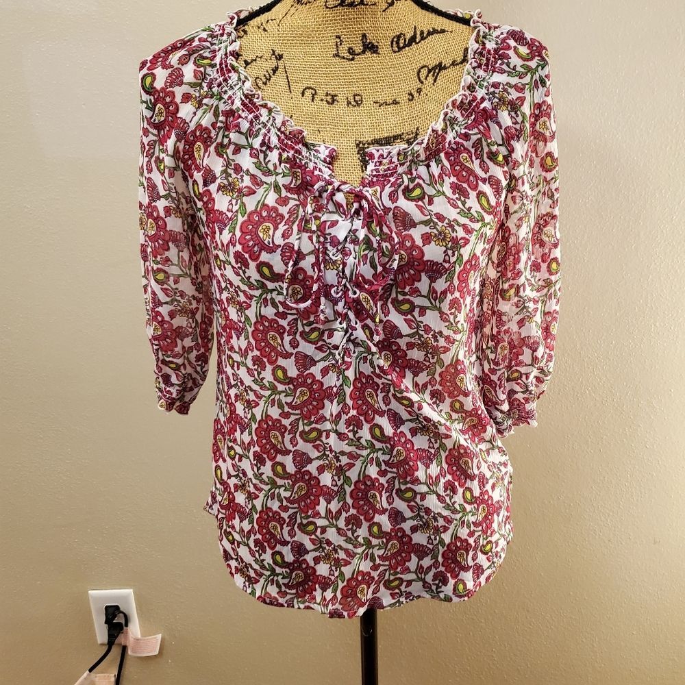 Old Navy Boho Floral Paisley Sheer 3/4 Sleeve Peasant Blouse Tie Front XS